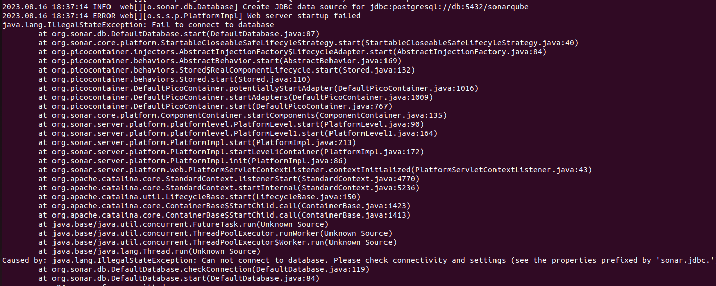 SonarQube  server startup failedjava.lang. IllegalStateException